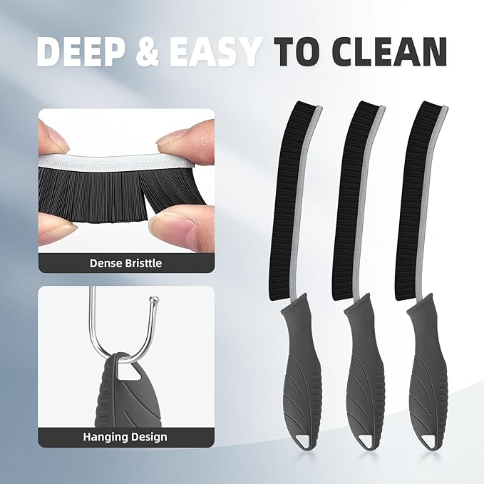Hard Bristle Crevice Cleaning Brush - Cleaning Supplies - Household Crevice Cleaning Tools - Multi-Purpose Crevice Brushes for Kitchen, Toilet, Window, Vehicle, Faucets, Grout (3, Grey)