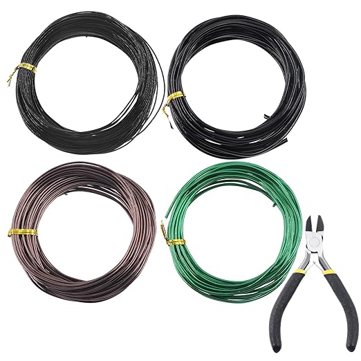 Glarks 4 Rolls Bonsai Wires Kit, 2mm 3mm 1mm 1.5mm Aluminum Bonsai Training Wire Tree Branches with Wire Cutter, 164 Feet Anodized Aluminum Set for Holding Bonsai Branches Small Trunks