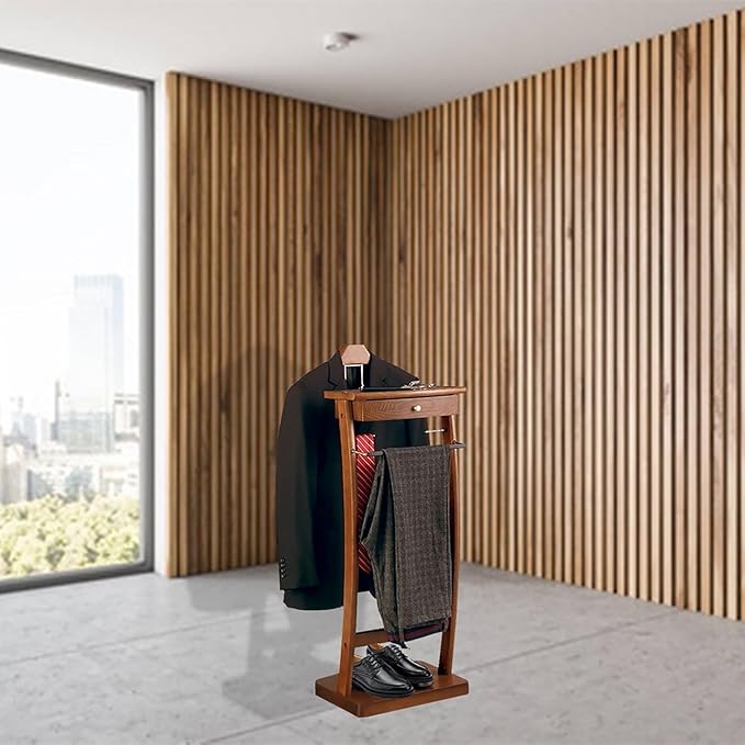 Wood Clothes Valet Stand with Tray, Floor Standing Suit Valet Stand with Drawers and Front Trouser Rack, Men's Valet Stand, for Living Room Office Dressing Room 44.4x30x112.2 cm (Walnut)