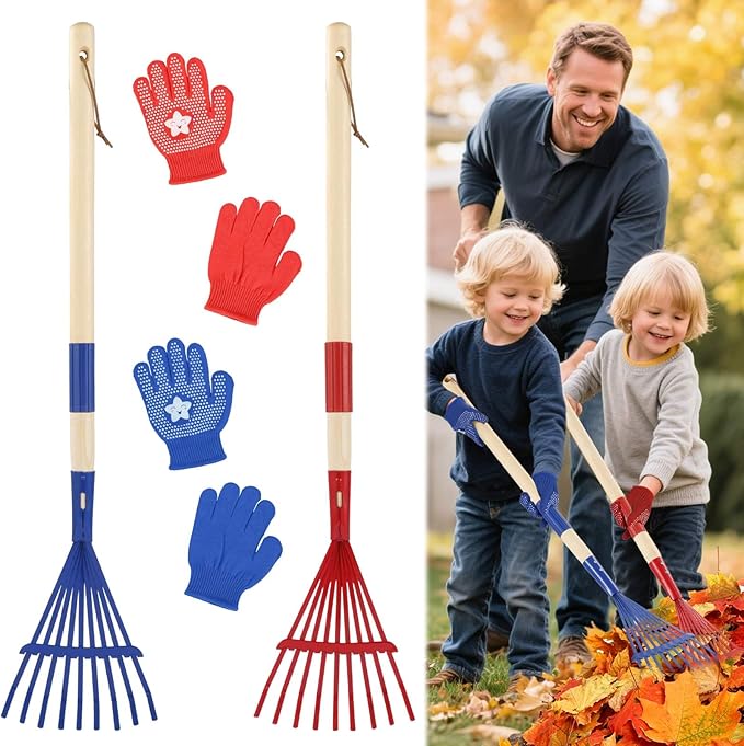 2PCS Garden Tool Rakes with Hardwood Handle and 2 Pairs Gloves, Garden Lawn Rake Leaves Lightweight Cute Rakes with Heads for Fall Garden Tools Gifts