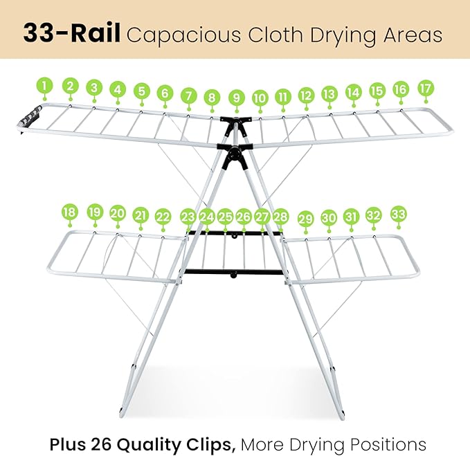 COSTWAY Clothes Drying Rack, Foldable 2 Tier Clothing Rack with Height-Adjustable Wings, 33 Drying Rails & Sock Clips, Portable Space Saving Laundry Drying Rack for Apartment, RV, Indoor & Outdoor Use