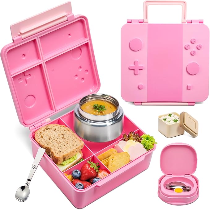 Game Bento Box for Kids, Lunch Box with Thermo(9oz Food Jar), Folding Spoon, Removable Divider & Sauce Cup, Lunch Box Kids for School,Travel, BPA-Free & Realistic Shape (Pink)