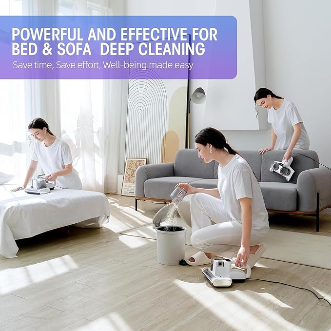 Mattress Vacuum Bed Vacuum Cleaner 16Kpa Suction 253.7nm UV-C Light, 140°F Heated Air, 30000 RPM Brushroll, Ultrasonic, HEPA Filter, Handheld Vacuums for Carpet/Sofa, 500W Corded, (White)