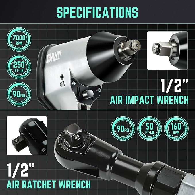 DNA MOTORING 17 Pcs Air Tool Kit 1/2-Inch Pneumatic Air Impact & Ratchet Wrench Kit Torque Wrench for Repairs, w/Case, Sliver/Black, TOOLS-00530