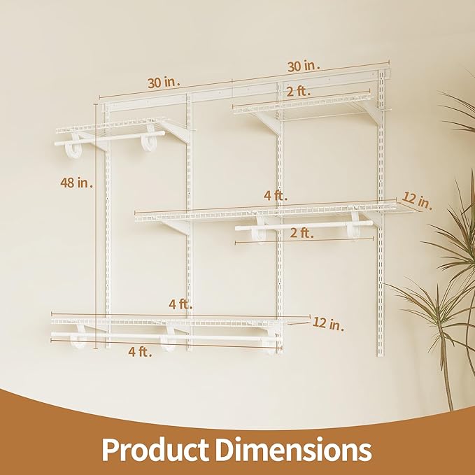 PROWORX 4-6 Ft Closet Organizer System, Adjustable Metal Wire White Closet System, Expandable Walk in Closet Organizers and Storage System, Closet Shelves with Hanging Rods