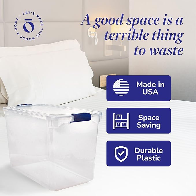 HOMZ 2-Pack Latching Lid, Clear Plastic Storage Organizer Bins, 112 Quart, Blue Latch - Stackable Organizing Containers for Home, Garage, and Office