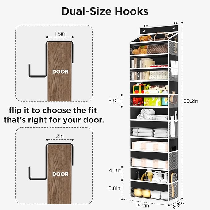 Mefirt Over The Door Organizer, 6 Shelf Door Hanging Organizers with 6 Large Capacity Pockets, Behind Door Storage Hanging Shelves for Closet Wall Bathroom Bedroom Nursery
