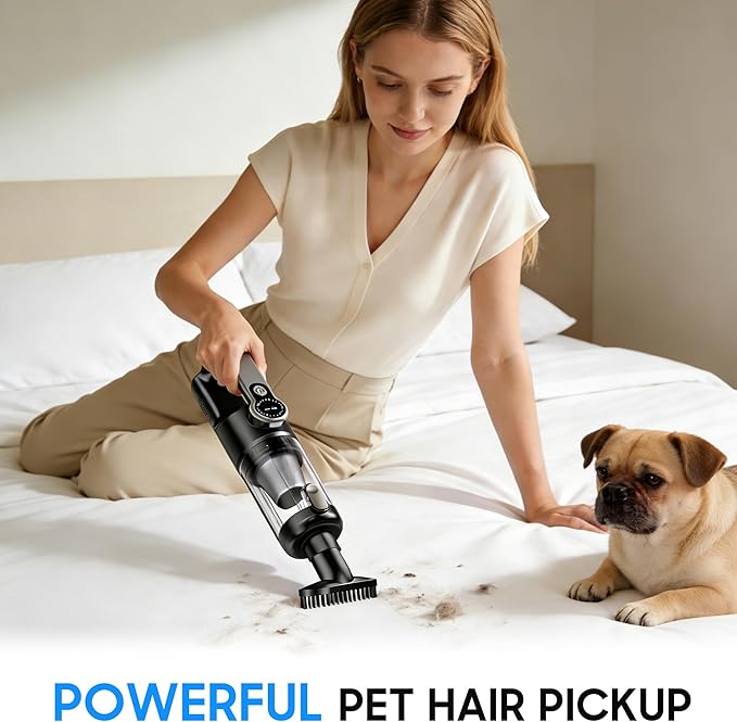 Cordless Handheld Car Vacuum Cleaner for Car Interior, Strong Suction Portable Vacuum for Pet Hair & Quick Home Cleaning, Rechargeable with LED Light & Attachments