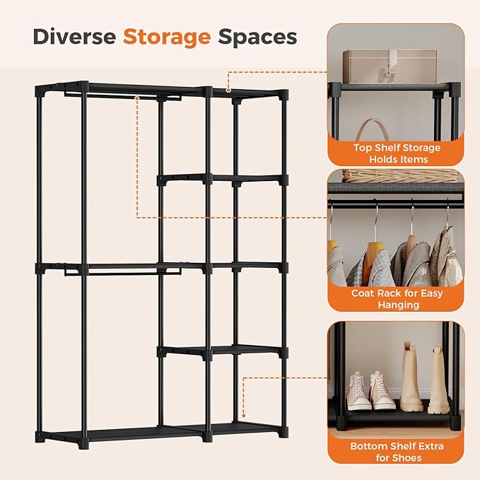 OLIXIS Portable Wardrobe Closet with Hanging Rods, 44 Inch Portable Clothing Rack with Shelves, Heavy Duty Clothes Rack, Freestanding Closet Organizer