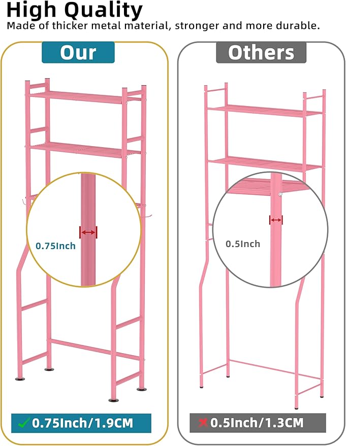 Livilord 3-Tier Over The Toilet Storage, Freestanding Metal Bathroom Shelves with 4 Hooks, Over Toilet Storage Shelf with Paper Holder, Above The Toilet Shelf for Bathroom Storage, Pink