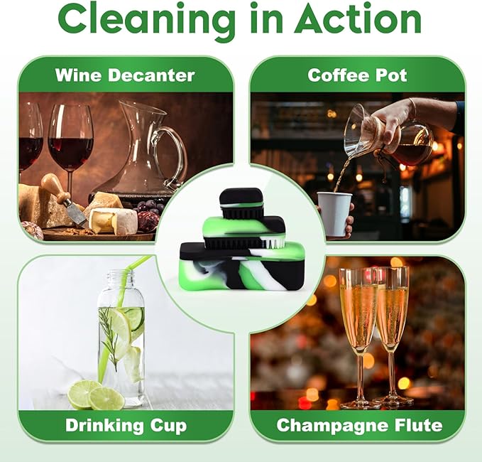 Magnetic Glass Cleaner Kit - Reusable Pipe Cleaning Tool Deep Cleans Hard-to-Reach Stains Two Silicone Brush with Handle Design Versatile for Glassware, Ceramic Surfaces, Green