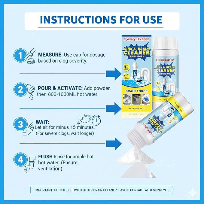 Sink & Drain Cleaner Powder, Fast Foaming for Kitchen, Bathroom,Toilet Pipes - Removes Grease, Hair & Food Waste - 130g (1)