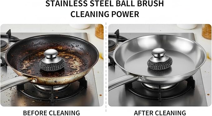 6 Pcs Steel Wool Scrubber, Stainless Steel Scrubber Pads for Cleaning Dishes, Cast Iron, Grill, Stove, Oven, Sink, Stubborn Messes (2 Scrubber with Handled + 4 Pads)