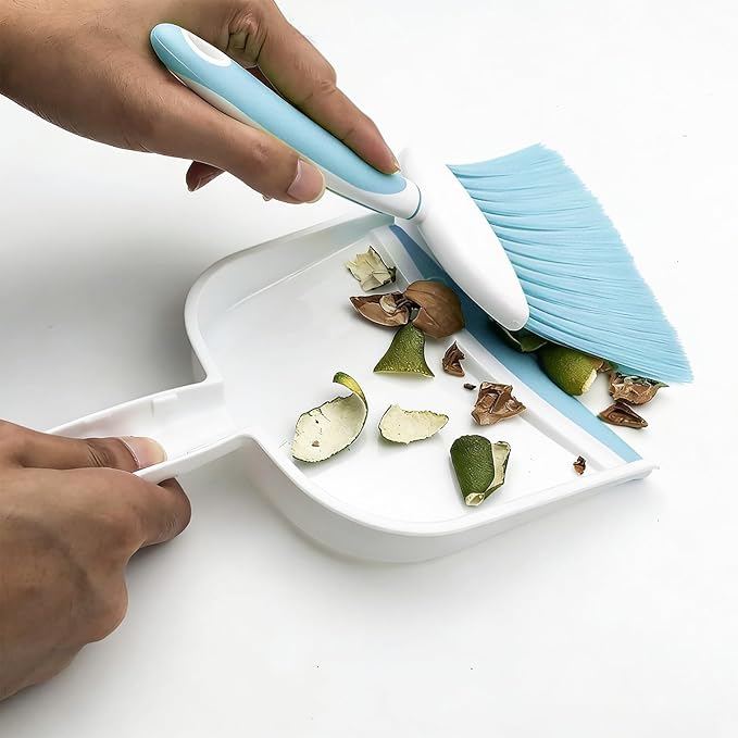 Broom Dustpan Brush Small Dust pan: Small Broom and Dustpan Set Mini Dust pan and Brush Set for Desk, Home, Camping Tent. (Light Blue)