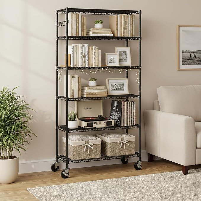Folews 6-Tier Metal Storage Rack with Wheels, Sturdy Adjustable Wire Shelving Unit for Garage Kitchen Pantry Laundry Room, 36" W x 14" D x 75" H Large Rolling Organizer Shelf Easy Assembly, Black