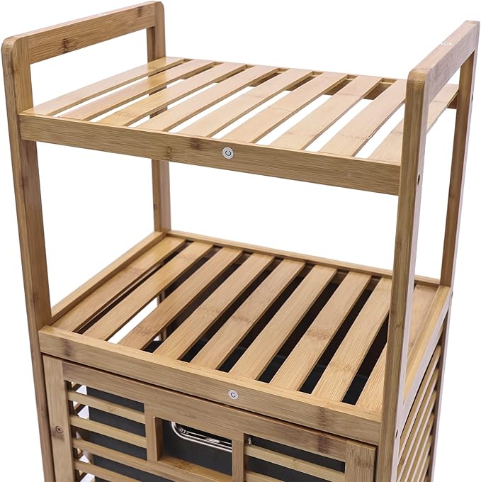 LOYALHEARTDY 37.4'' Tilt Out Laundry Hamper, 2-Tier Bamboo Laundry Hamper Cabinet Floor Stand Bathroom Storage Shelf Cabinet Clothes Organizer Laundry Shelf for Laundry Room Bathroom Bedroom