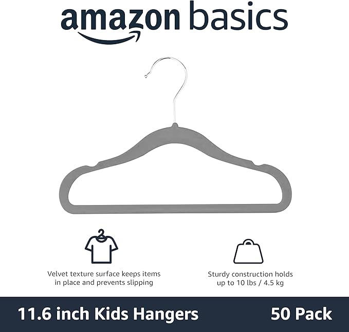 Amazon Basics Kids Space Saving Velvet Non-Slip Clothes Hangers with Shoulder Notches for Infant and Toddler, Sturdy, 11.6", Gray, 50-Pack