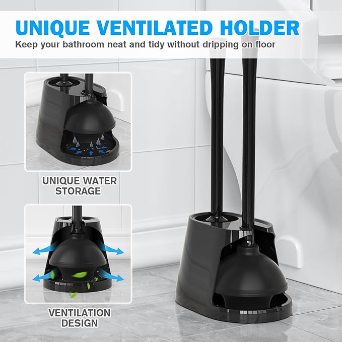 Toilet Plunger and Brush Set, Silicone Bowl Brush and Heavy Duty Toilet Plunger with Ventilated Holder, 2-in-1 Toilet Brush and Plunger Combo for 5.3-inch Toilet Drain Bathroom Deeply Cleaning (Black)