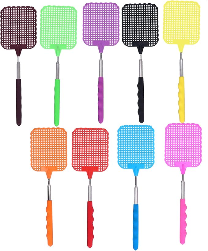 AMONIDA 9PCS Plastic Fly Swatter Multi Pack Mini Fly Swatter with Retractable Stainless Steel Rod Fly Swatter for Indoors Retractable Fly Racket for Home Office Dormitory Camping
