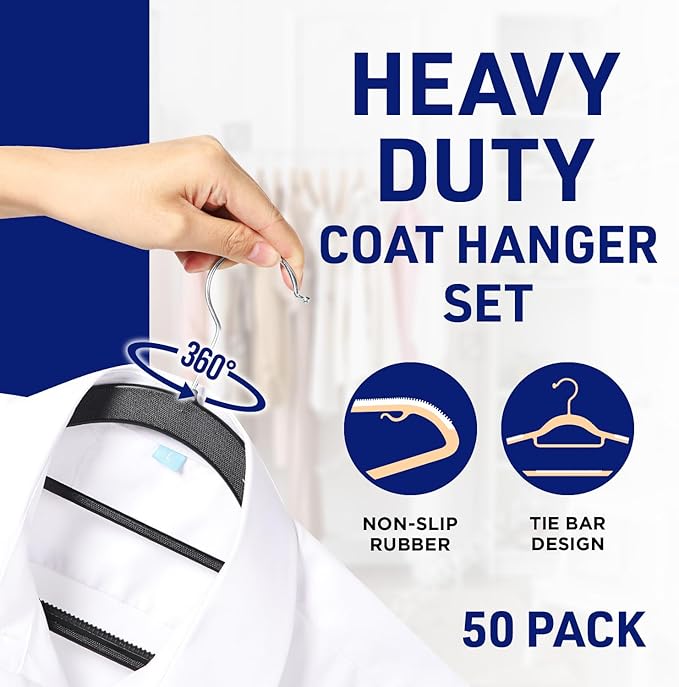 Lifemaster Versatile Clothes Hanger Set - 50 Pieces Space-Saving Dry and Wet Clothes Hanger Set with 360° Swivel Hook and Non-Slip Rubber Design - Black