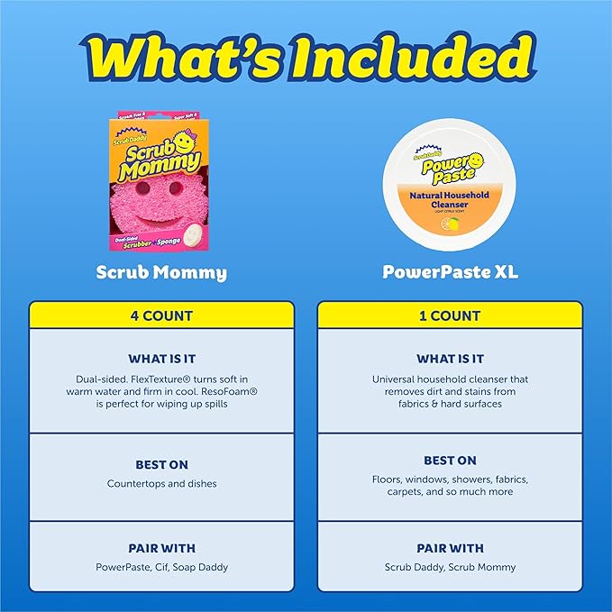 Scrub Daddy Sponges & PowerPaste XL Value Pack - 4 Scrub Mommy Multipurpose Dish Sponges & PowerPaste XL All-Purpose Cleaning Paste - Scratch-Free, Multi-Surface Household Cleaning Supplies Kit (5ct)
