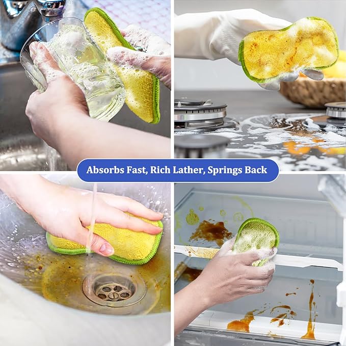 Dish Sponges Kitchen, 12 Pack Multi-Purpose Microfiber Scrub Sponge - Dual-Sided Heavy Duty Non-Scratch Scrubber, Reusable Cleaning Sponge for Dishes, Pots, Pans, Stovetop & Sink