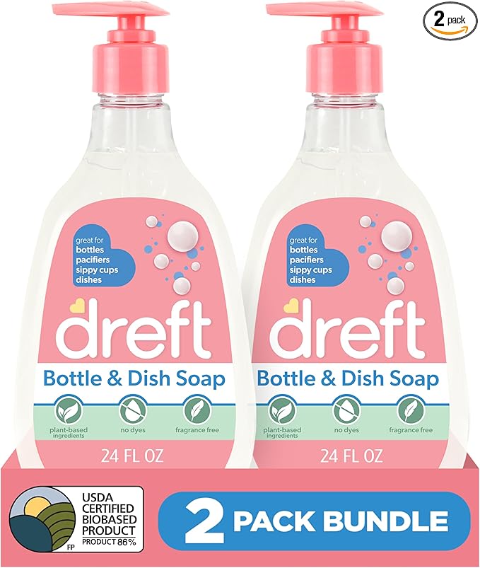 Dreft Baby, Bottle and Dish Soap, Removes Milk Film & Odor, Plant Based, Fragrance Free, Travel Size Bottles, 24 Fl Oz (Pack of 2)