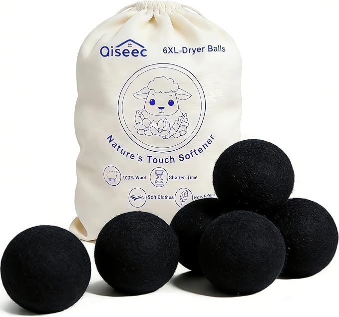 Wool Dryer Balls 6-Pack XL - Natural Reusable Laundry Fabric Softener, Reduces Wrinkles & Drying Time, Hypoallergenic, Leaves Fabrics Naturally Soft and Fluffy (Black)