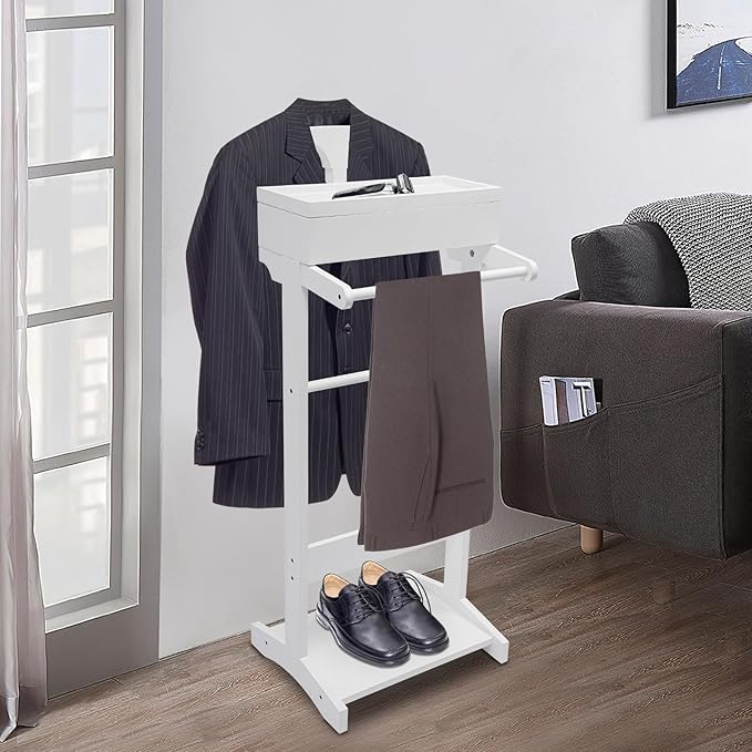 Wood Suit Rack Suit Stand for Man and Women Clothes Valet Suit with Drawer Valet Stands Men Valet White Suit Valet for Entryway Office Living Room