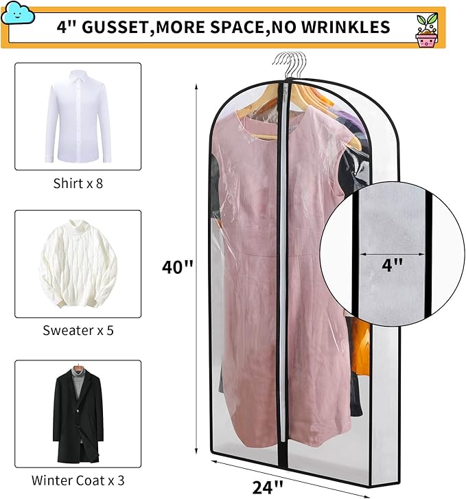 Clear Garment Bags for Hanging Clothes Storage 4" Gusset Suit Bags for Closet Storage Bags Dust Covers for Clothes Sweater Bags Garment Cover Clothes Protector 24"x 40"x 4", 5 Pack