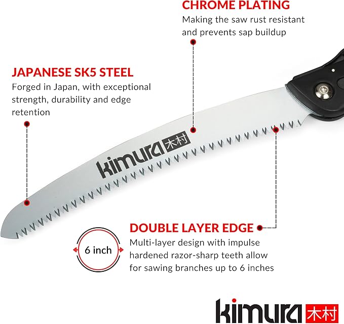 Kimura Folding Saw, Heavy Duty 10 Inch Curved Blade, Japanese SK5 Steel, Hand Saws for Branches, Wood & Camping, Pruning Saw with Impulse Hardened Double Layer Edge