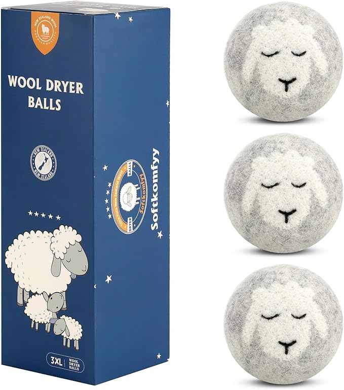 Wool Dryer Balls Handmade 3 Pack XL,Organic Laundry Dryer Balls,100% New Zealand Wool Natural Fabric Softener,Reusable 1000 Loads,Wrinkles Free, Shorten Drying Time,Baby Safe (3 Pack,Sleeping Sheep)