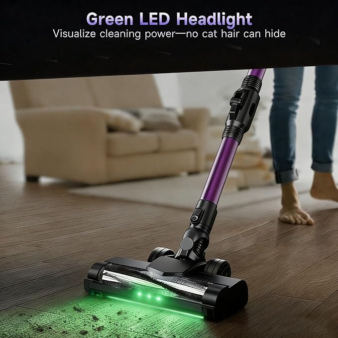 LAQVITA Cordless Vacuum Cleaner, Vacuum Cleaners for Home with 180° Bendable Wand | Green LED Light, Self-Standing, 1.5L Dust Cup, Washable HEPA Filter| Lightweight Stick Vacuum for Hardwood Floors