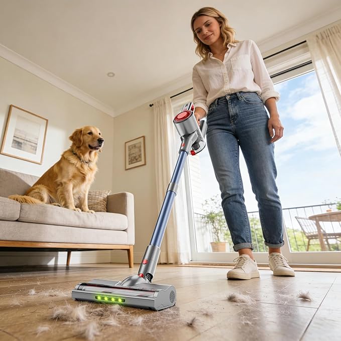 Honki Cordless Vacuum Cleaner for Home, Powerful Stick Vacuum with Rechargeable Battery, Green Light Anti-Tangle Brush, 6-in-1 Lightweight Handheld Vacuum for Pet Hair, Hard Floor, Carpet, Red
