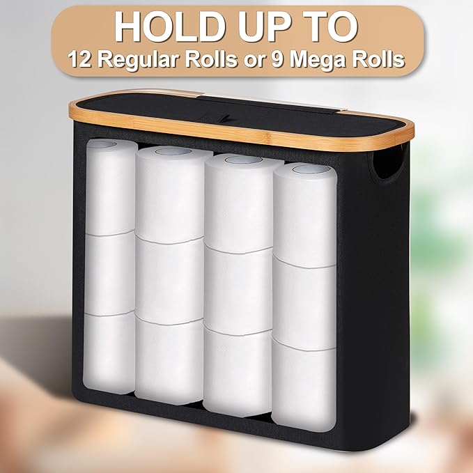 efluky Toilet Paper Basket 28L, Toilet Paper Holder with Lid for Bathroom, Free Standing Storage Organizer Holds Up to 9-12 Rolls (Black, 1)