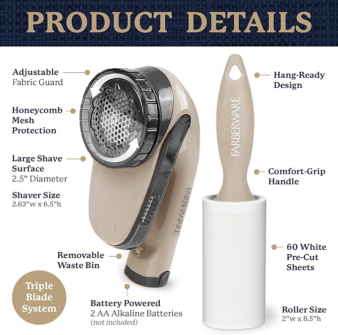Farberware Fabric Shaver & Lint Remover Set–Battery Operated Sweater Shaver with Triple Blades and Extra Sticky Roller for Pet Hair, Fuzz & Pilling on Clothes, Upholstery & Bedding (Beige, Large)