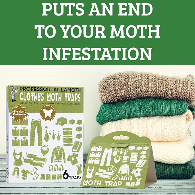 Professor Killamoth Triple Strength Clothes Moth Traps – Safe, Non-Toxic Closet Moth Prevention for Clothes & Wool – Pheromone Traps for House & Wardrobe Protection – 6 Pack