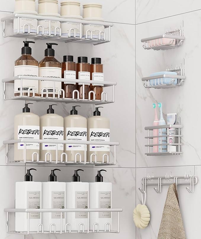 8 Pack Adhesive Rustproof Shower Caddy with Soap Dishes, Toothbrush Holder & Hooks, Large Capacity No-Drilling Shower Shelves Rack for Bathroom Organizers and Storage Accessories, Silver
