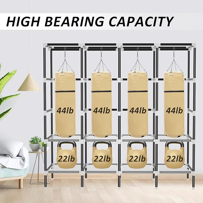 LOKEME Wardrobe Closet,Portable Closet for Bedroom Steel Pipe Diameter 19mm Strong and Sturdy Off White Portable Closets for Hanging Clothes with 3 Hanging rods, 6 Storage Shelves and Side Pocket