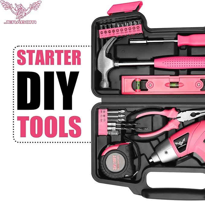 Cordless Screwdriver Rechargeable 3.6V, Pink Tool Kit with Small Drill, 112 PCS Home Tool Set for Home, Hand Tool Kits for Women