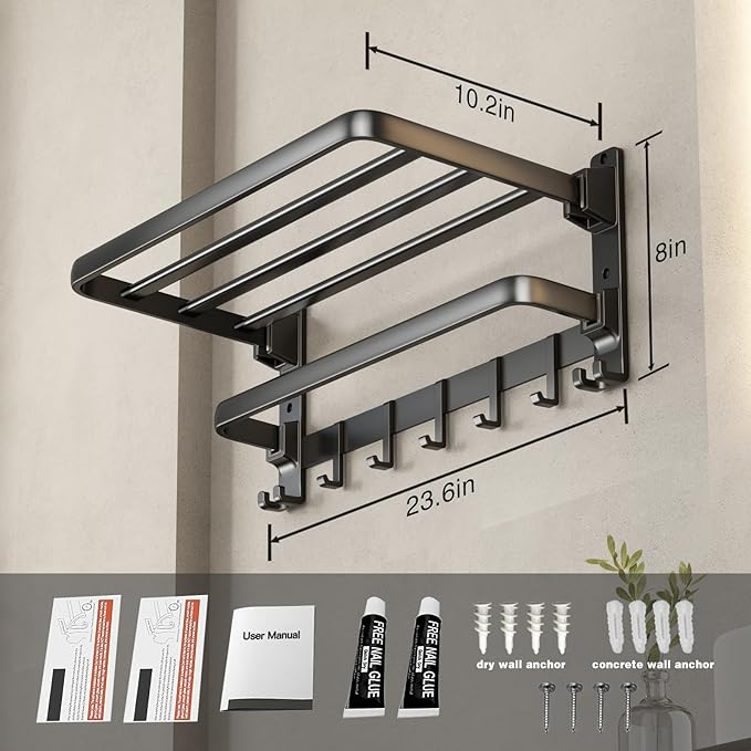 VOLDRA Towel Racks for Bathroom, 24-Inch Towel Shelf with Towel Bar Foldable Towel Holder with 7 Hooks Towel Storage Organizer for Bathroom & Lavatory Wall Mounted(Matte Black)