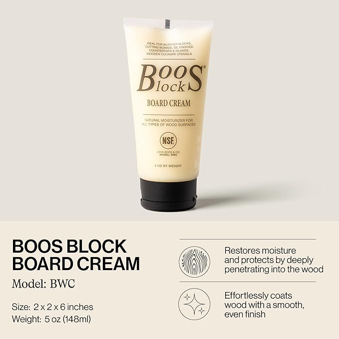 John Boos 5 oz Board Cream with Beeswax and Mineral Oil for Wood Surface Care – All-Natural Conditioner & Sealer for Butcher Blocks, Wooden Cutting Boards, Countertops, and Utensils