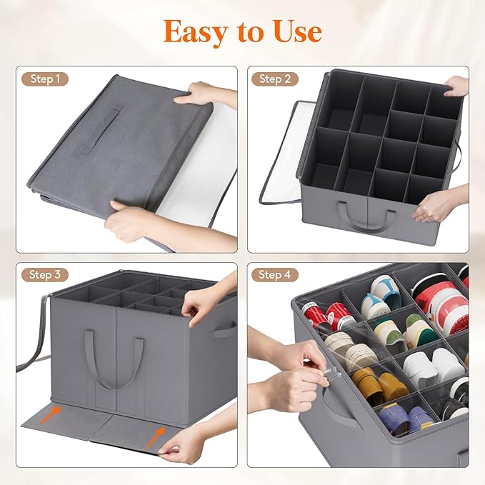 Lifewit Shoe Storage Organizer for Closet, Fabric Large Shoe Box Storage Containers with Clear Cover, Foldable Bins for Boots Heels Sneakers Fits 96-128 Pairs (Each 12-16 Pairs) 8 Pack Gray