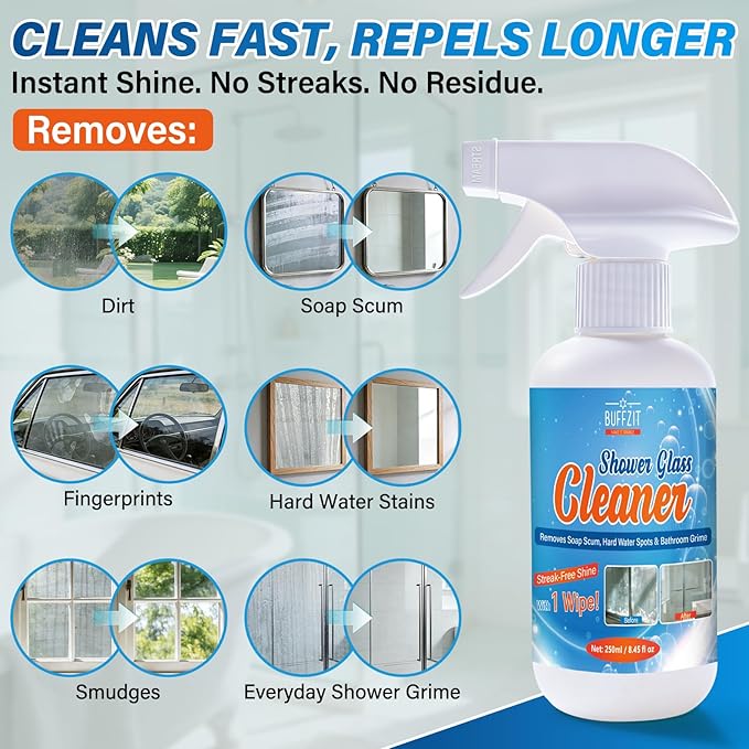 Shower Glass Cleaner, Hard Water Stain & Soap Scum Remover for Glass, Windows and Mirrors, Streak-Free Bathroom Glass Cleaner with Cleaning Towel, 8.45 fl oz / 250ml