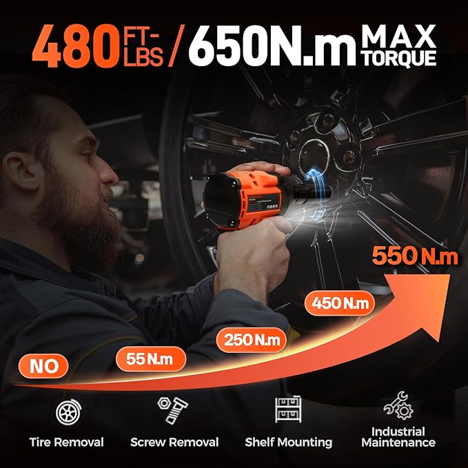 COMOWARE 650N.m (480 ft-lbs) Cordless Impact Wrench, 1/2" Brushless High Torque Impact Gun, 20V 4.0Ah Battery & Fast Charger, 6 Sockets w/case, 3-Speed Control (0-3000RPM) for Car, Truck RV, Mower