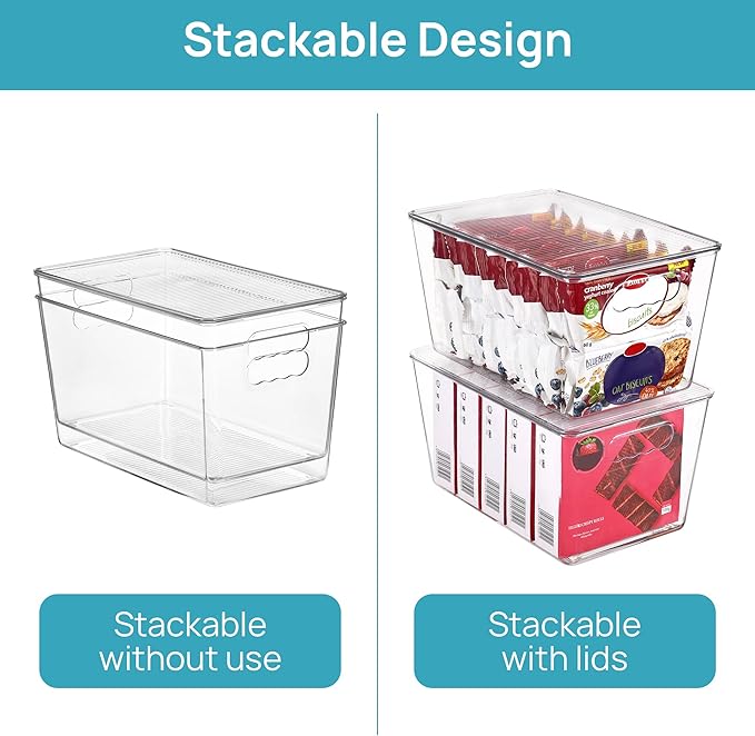 Vtopmart 4 Pack Clear Stackable Storage Bins with Lids, Large Plastic Containers with Handle for Pantry Organizer and Storage,Perfect for Kitchen,Fridge,Cabinet, Closet,Bathroom Organization