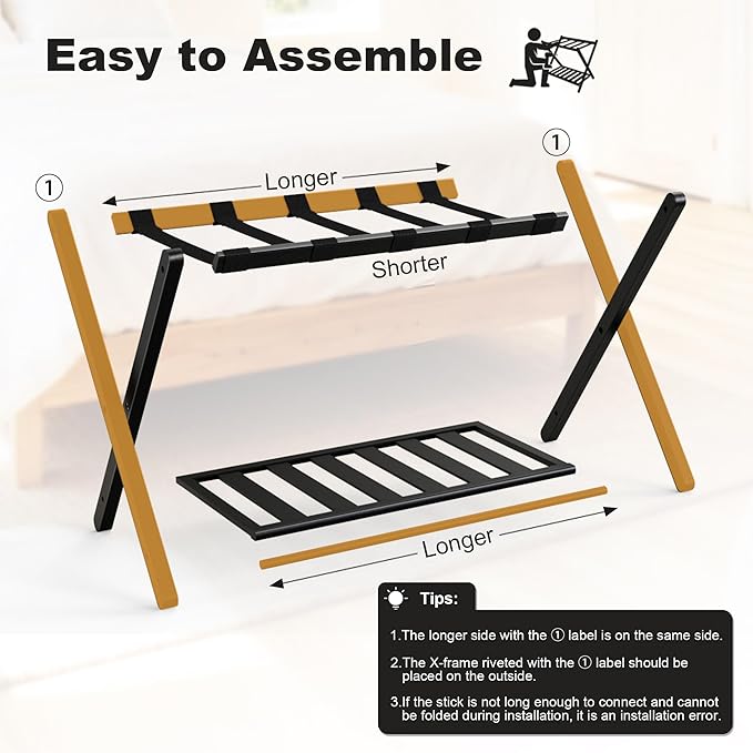 26.77"L Luggage Rack, Black Luggage Rack for Guest Room, Bamboo Folding Suitcase Stand with Storage Shelf, 5 Nylon Straps, Heavy Duty Luggage Holder for Bedroom Hotel, 1 Pack, Gift Box Packaging