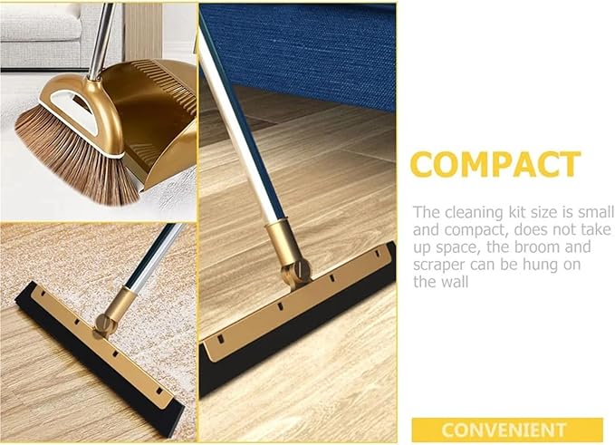 Gold Broom Dustpan Set Folding Dustpan Long Handle Rubber Wiper Space-Saving Floor Cleaner Kit Household Cleaning Accessory for Cleaning(Gold-2pcs)