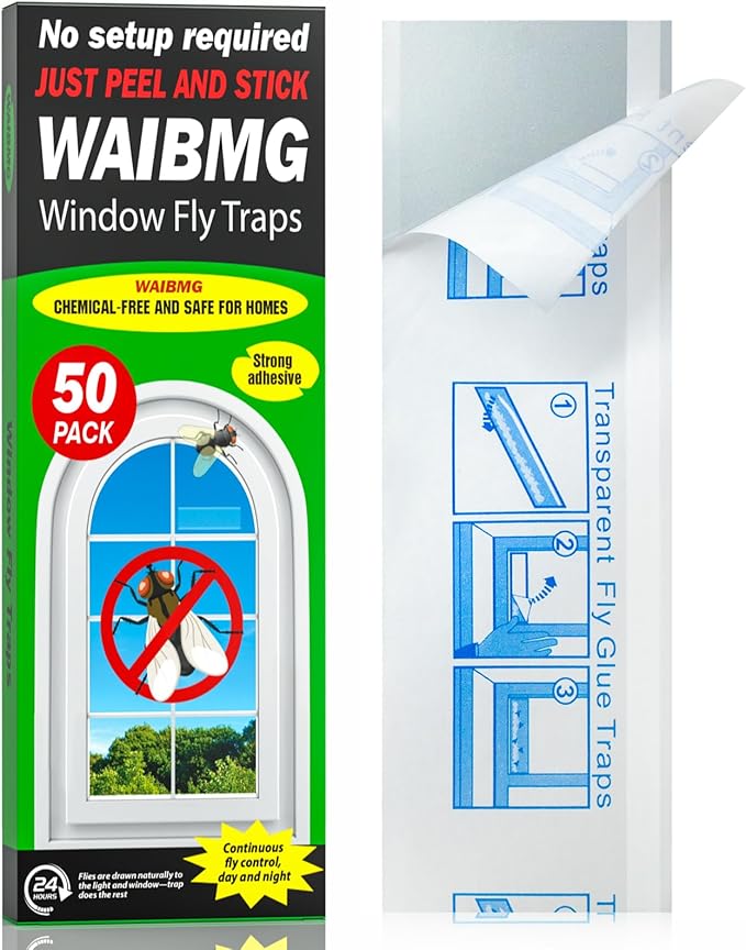 50 Pack Window Fly Traps Sticky Non-Toxic Clear Fly Paper Indoor for Home. No Mess Flies Window Sticky Traps Bug Flies Strips Indoors