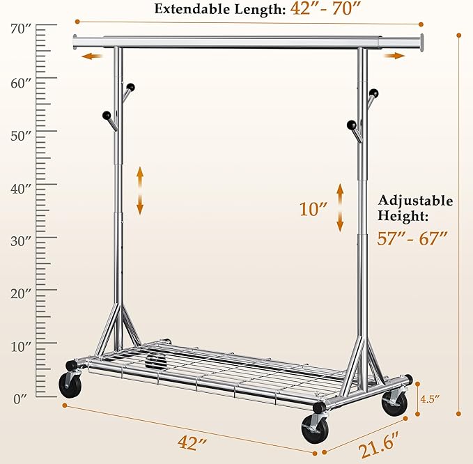 Gewudraw Heavy Duty Clothes Rack Load 630 lbs, Metal Rolling Clothing Rack With Sturdy Wheel And Shelves, Adjustable Portable Hanging Garment Rack For Clothes,Chrome Stainless Steel